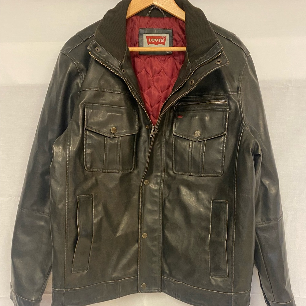 MENS LEVI DARK BROWN FAUX LEATHER FULL ZIP RIDING JACKET SZ XL